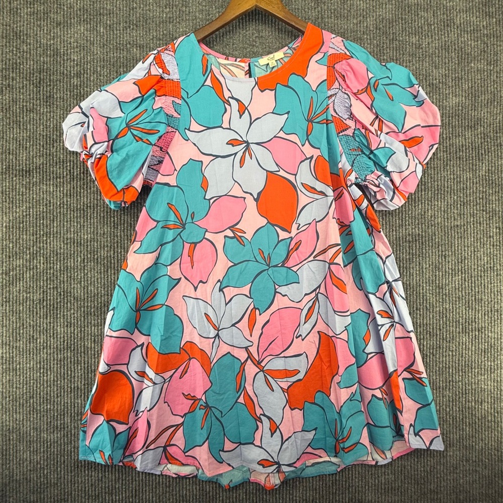 Easel Floral Mini Dress Womens Medium Multicolor Excellent Puff Sleeve Pockets